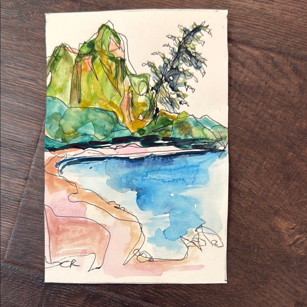 Original Art - Watercolor & Pen Mixed Media Art - Coastal Theme/Beach/Road Trip